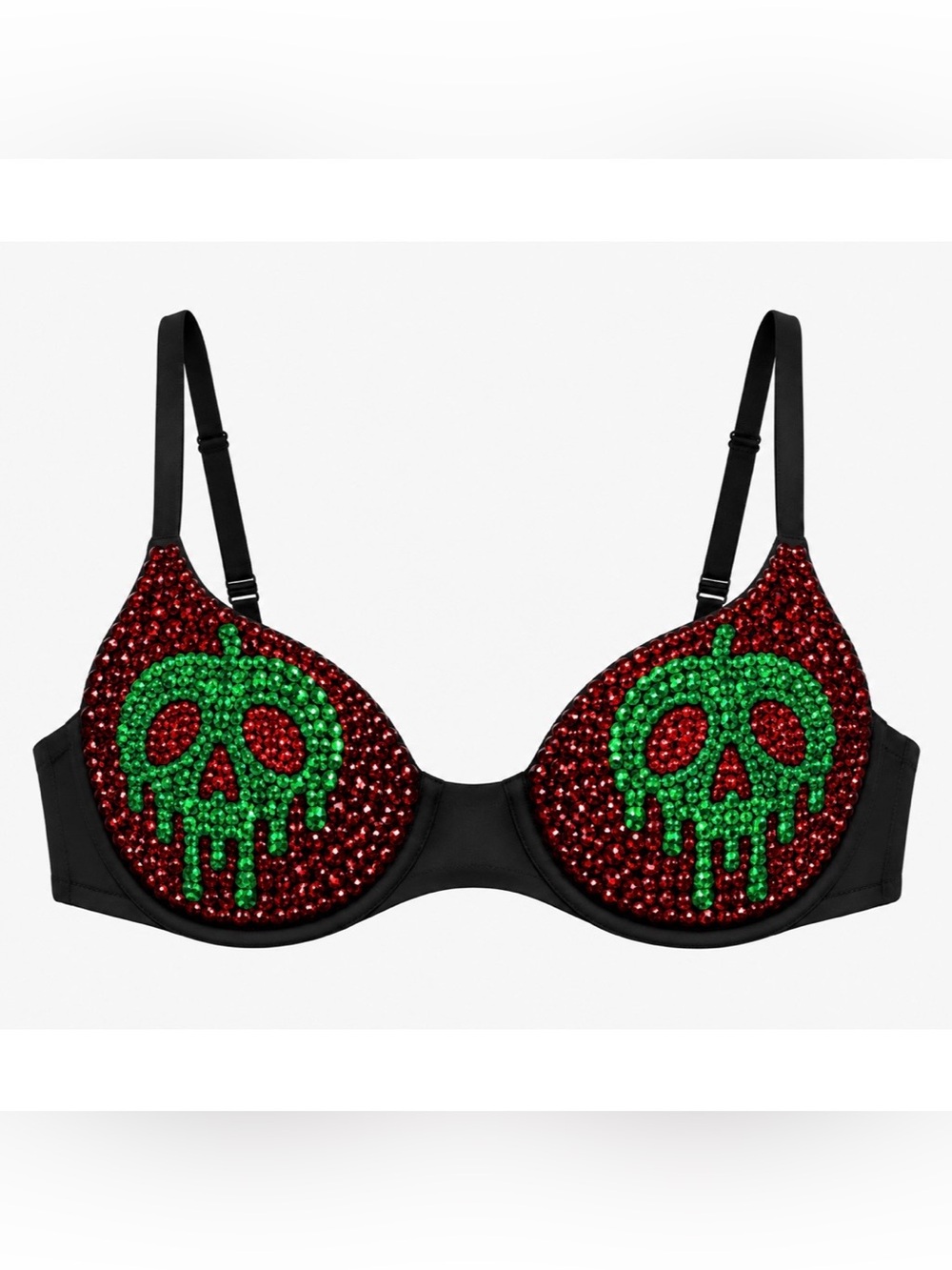 40D Siam Red & Green Poison Apple Design Rhinestone Glam Bling Bra Top New